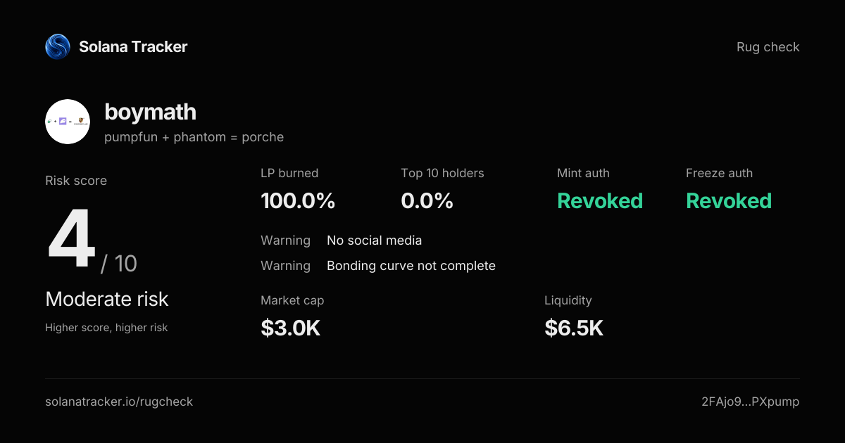 pumpfun + phantom = porche (boymath) Rugcheck | Risk Score 4/10 ...