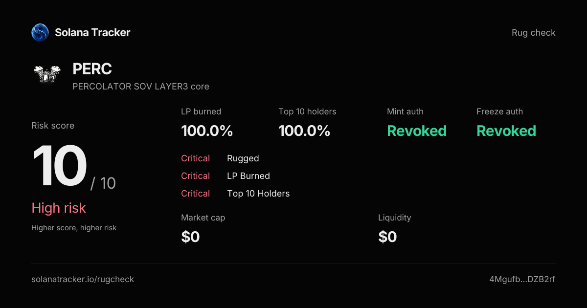PERCOLATOR SOV LAYER3 core (PERC) Rugcheck | Risk Score 10/10 · High Risk