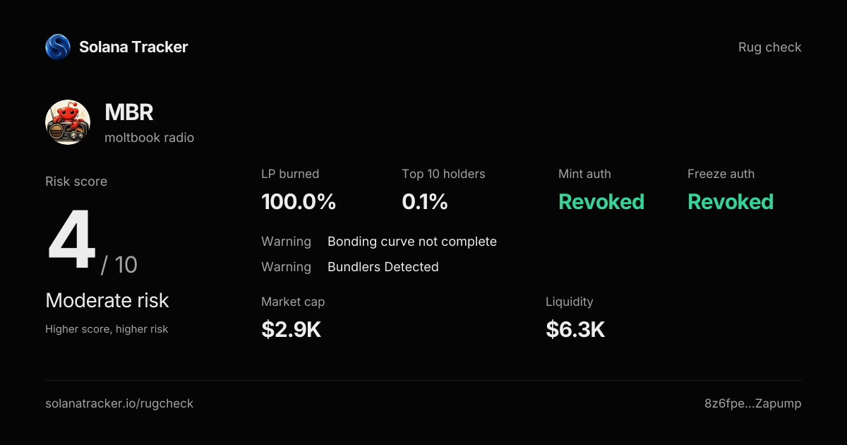 moltbook radio (MBR) Rugcheck | Risk Score 4/10 · Moderate Risk