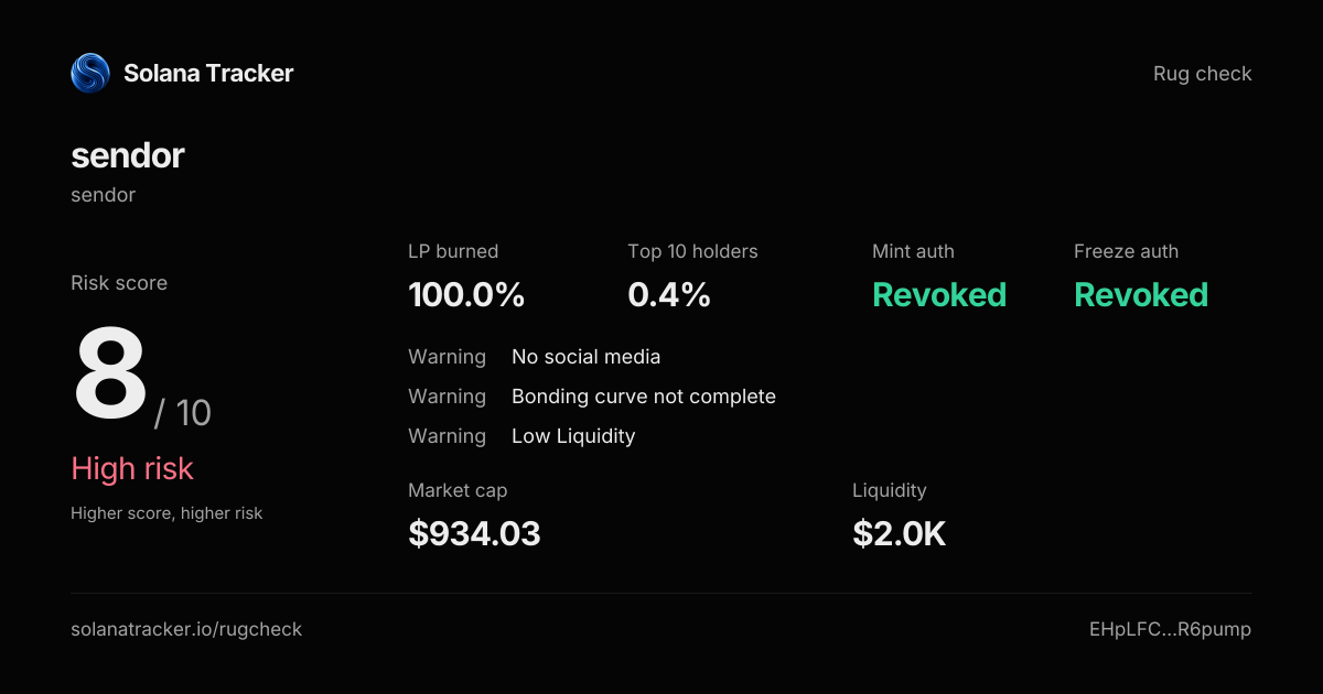 sendor (sendor) Rugcheck | Risk Score 8/10 · High Risk