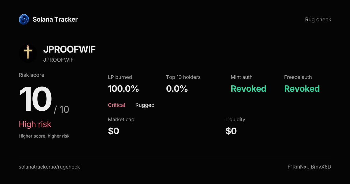 JPROOFWIF (JPROOFWIF) Rugcheck | Risk Score 10/10 · High Risk