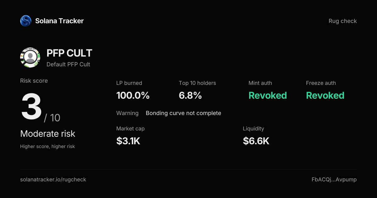 Default PFP Cult (PFP CULT) Rugcheck | Risk Score 3/10 · Moderate Risk